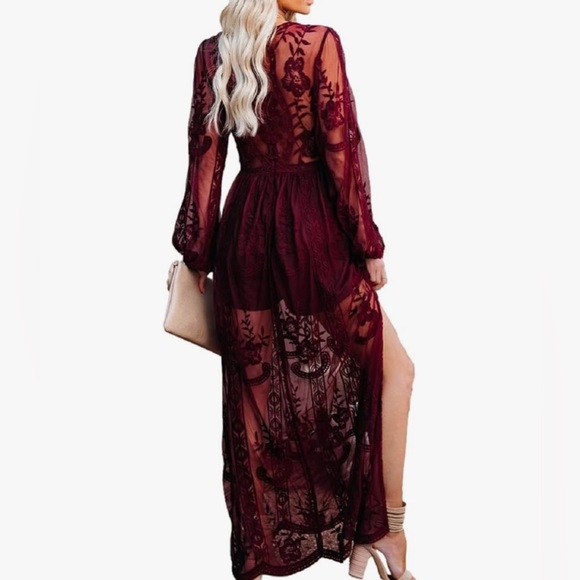 Mesh Lace Overlay Long Sleeve Maxi Dress Maroon Large - Picture 2 of 4